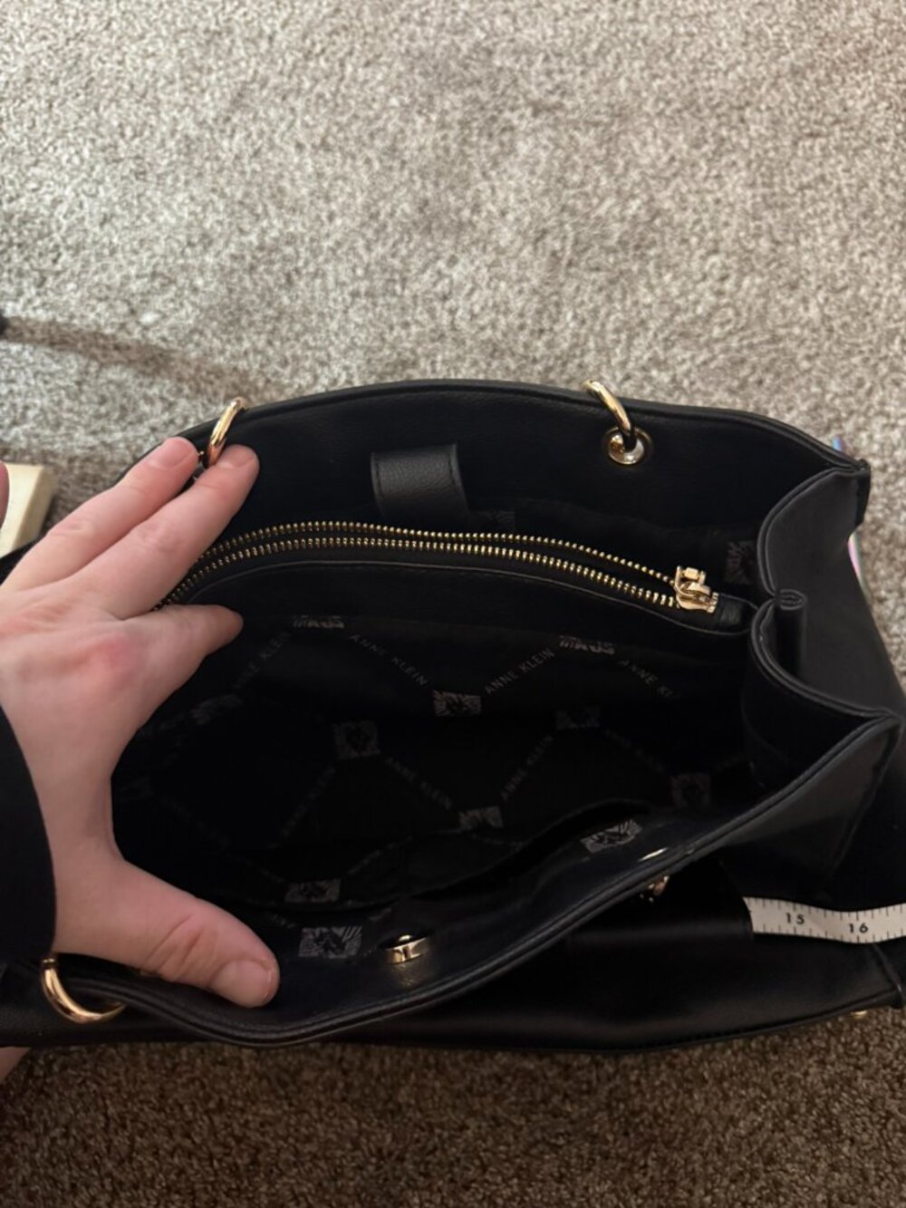 Anne Klein Black Faux Leather Satchel Handbag Gold Chain Detail Tote Bag Repair - Picture 5 of 6